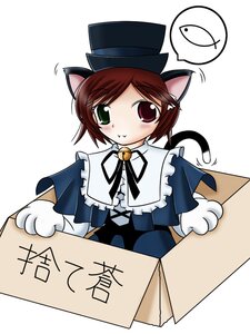Rating: Safe Score: 0 Tags: 1girl animal_ears bell blush box brown_hair capelet cardboard_box cat_ears cat_tail gloves hat heterochromia image in_box in_container jingle_bell long_sleeves red_eyes sign solo souseiseki tail top_hat User: admin