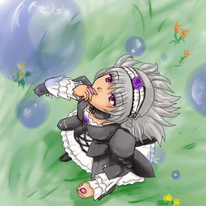 Rating: Safe Score: 0 Tags: 1girl blurry blush depth_of_field dress flower frills from_above grass hairband image juliet_sleeves long_sleeves silver_hair solo suigintou User: admin