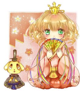 Rating: Safe Score: 0 Tags: 1girl auto_tagged blonde_hair blush crown fan flower folding_fan green_eyes hinaichigo image japanese_clothes kimono looking_at_viewer short_hair smile solo User: admin