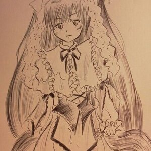 Rating: Safe Score: 0 Tags: 1girl dress frills image long_hair long_sleeves looking_at_viewer monochrome solo suiseiseki traditional_media very_long_hair User: admin