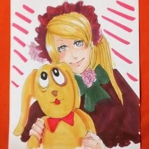 Rating: Safe Score: 0 Tags: 1girl blonde_hair bonnet bow bowtie dress flower green_bow image marker_(medium) photo pink_bow rose shikishi shinku smile solo stuffed_animal traditional_media User: admin