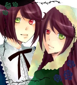 Rating: Safe Score: 0 Tags: 2girls brown_hair flower frills green_dress green_eyes hat head_scarf heterochromia image long_sleeves looking_at_viewer multiple_girls pair red_eyes rose short_hair siblings sisters smile souseiseki suiseiseki twins User: admin