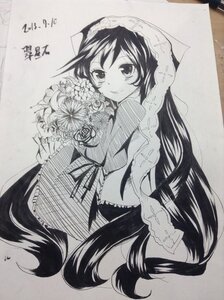 Rating: Safe Score: 0 Tags: 1girl animal_ears bouquet dress flower graphite_(medium) greyscale image imaizumi_kagerou long_hair long_sleeves looking_at_viewer marker_(medium) monochrome photo shikishi smile solo suiseiseki tail traditional_media very_long_hair wolf_ears wolf_tail User: admin