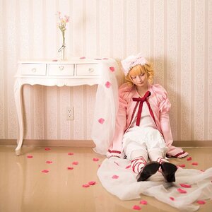 Rating: Safe Score: 0 Tags: 1girl blonde_hair cherry_blossoms closed_eyes dress flower hat hinaichigo petals rose_petals sitting solo striped User: admin