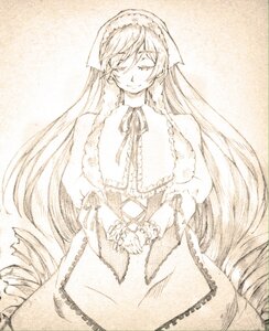 Rating: Safe Score: 0 Tags: 1girl braid closed_eyes dress frills image long_hair long_sleeves monochrome ribbon smile solo suiseiseki traditional_media very_long_hair User: admin