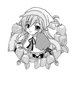 Rating: Safe Score: 0 Tags: 1girl food frills fruit greyscale head_scarf image long_hair long_sleeves looking_at_viewer monochrome ribbon simple_background smile solo strawberry suiseiseki upper_body white_background User: admin