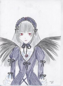 Rating: Safe Score: 0 Tags: 1girl black_wings dress flower frilled_sleeves frills hairband image juliet_sleeves long_hair long_sleeves looking_at_viewer marker_(medium) puffy_sleeves red_eyes ribbon rose simple_background solo suigintou traditional_media upper_body wings User: admin