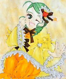 Rating: Safe Score: 0 Tags: 1girl drill_hair flower frills green_eyes green_hair hair_ornament image kanaria one_eye_closed open_mouth rose smile solo traditional_media User: admin