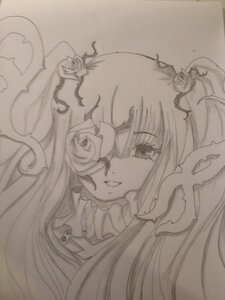 Rating: Safe Score: 0 Tags: 1girl flower hair_flower hair_ornament image kirakishou long_hair looking_at_viewer monochrome rose smile solo traditional_media User: admin