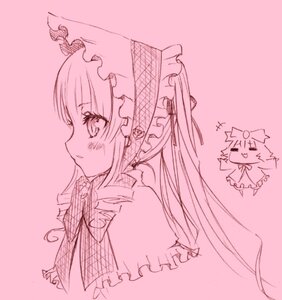 Rating: Safe Score: 0 Tags: 1girl blush blush_stickers bow frills image long_hair looking_at_viewer monochrome pink_background pink_theme shinku sketch solo umbrella User: admin