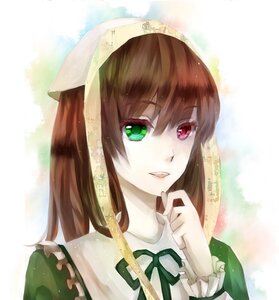 Rating: Safe Score: 0 Tags: 1girl bangs black_ribbon brown_hair dress frills green_dress green_eyes green_ribbon head_scarf heterochromia image long_hair long_sleeves looking_at_viewer open_mouth red_eyes ribbon solo striped_background suiseiseki User: admin