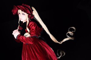 Rating: Safe Score: 0 Tags: 1girl black_background blonde_hair blue_eyes bonnet dress flower long_hair long_sleeves looking_at_viewer red_dress red_flower red_rose rose shinku solo twintails very_long_hair User: admin