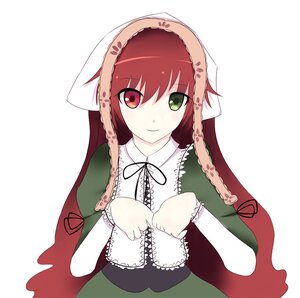 Rating: Safe Score: 0 Tags: 1girl dress frills green_eyes head_scarf heterochromia image long_hair long_sleeves looking_at_viewer red_eyes ribbon simple_background smile solo suiseiseki upper_body white_background User: admin
