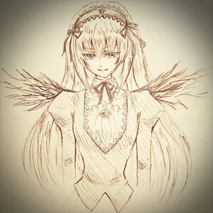 Rating: Safe Score: 0 Tags: 1girl closed_mouth dress feathered_wings flower frills hairband image lolita_hairband long_hair long_sleeves looking_at_viewer monochrome rose solo suigintou traditional_media upper_body wings User: admin