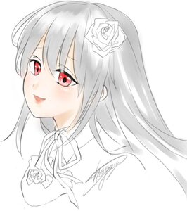 Rating: Safe Score: 0 Tags: 1girl black_flower blush flower hair_flower hair_ornament image long_hair portrait red_eyes ribbon rose signature simple_background smile solo suigintou white_background white_flower white_rose User: admin