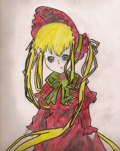 Rating: Safe Score: 0 Tags: 1girl blonde_hair bonnet bow bowtie cowboy_shot dress expressionless green_bow image long_hair long_sleeves looking_at_viewer marker_(medium) photo red_dress shinku sidelocks simple_background solo standing traditional_media twintails white_background User: admin