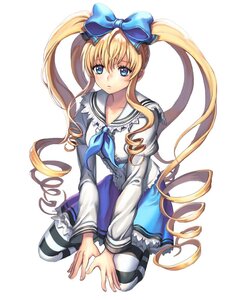 Rating: Safe Score: 0 Tags: 1girl blonde_hair blue_eyes blush bow collarbone dress drill_hair full_body hair_bow image long_hair looking_at_viewer pantyhose shinku sitting solo striped striped_legwear twintails v_arms very_long_hair wariza white_background User: admin