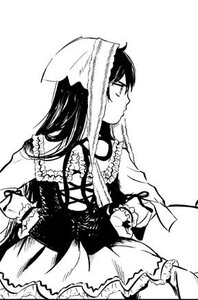 Rating: Safe Score: 0 Tags: 1girl cowboy_shot dress frills greyscale hand_on_hip image long_hair long_sleeves monochrome profile simple_background solo suiseiseki white_background User: admin