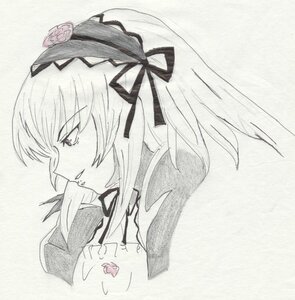 Rating: Safe Score: 0 Tags: 1girl flower greyscale hair_ribbon image long_hair monochrome portrait profile ribbon simple_background solo suigintou traditional_media User: admin