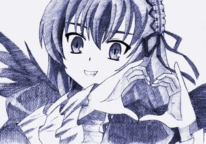 Rating: Safe Score: 0 Tags: 1girl blush hair_ornament hair_ribbon image long_hair looking_at_viewer monochrome ribbon smile solo suigintou traditional_media User: admin