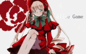 Rating: Safe Score: 0 Tags: 1girl blonde_hair blue_eyes bonnet bow bowtie capelet crossed_legs dress flower green_bow image long_hair long_sleeves looking_at_viewer shinku sitting smile solo twintails very_long_hair User: admin
