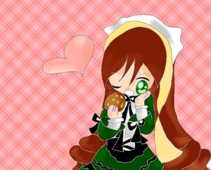 Rating: Safe Score: 0 Tags: 1girl brown_hair chibi dress eating food green_eyes head_scarf heart holding holding_food image long_hair long_sleeves one_eye_closed open_mouth plaid plaid_background plaid_dress plaid_scarf plaid_skirt smile solo suiseiseki very_long_hair User: admin