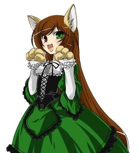 Rating: Safe Score: 0 Tags: 1girl :d animal_ears brown_hair cat_ears corset dress frills green_dress green_eyes heterochromia image lolita_fashion long_hair open_mouth paws red_eyes simple_background smile solo suiseiseki very_long_hair white_background User: admin