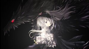 Rating: Safe Score: 0 Tags: 1girl black_background black_dress black_wings dress flower frills hairband image long_hair long_sleeves rose silver_hair solo suigintou very_long_hair wings User: admin