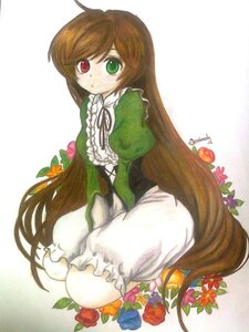 Rating: Safe Score: 0 Tags: 1girl brown_hair dress flower food frills fruit full_body green_dress green_eyes heterochromia image long_hair long_sleeves looking_at_viewer red_eyes solo suiseiseki traditional_media very_long_hair white_background User: admin