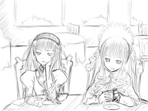 Rating: Safe Score: 0 Tags: 2girls chair cup eating food frills greyscale image long_hair long_sleeves looking_at_viewer monochrome multiple_girls open_mouth pair shinku sitting sketch smile suigintou table tea teacup User: admin