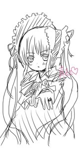 Rating: Safe Score: 0 Tags: 1girl blush bonnet dress greyscale heart image long_hair long_sleeves looking_at_viewer monochrome ribbon shinku simple_background sketch solo twintails upper_body white_background User: admin