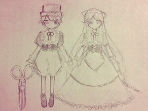 Rating: Safe Score: 0 Tags: 2girls capelet dress frills full_body hat image long_hair long_sleeves looking_at_viewer monochrome multiple_girls pair short_hair sketch smile souseiseki standing suiseiseki very_long_hair User: admin