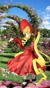 Rating: Safe Score: 0 Tags: 1girl blonde_hair blue_eyes blue_sky bonnet bow bowtie capelet day dress flower image long_hair long_sleeves outdoors pink_flower red_dress shinku shoes sky solo standing very_long_hair User: admin
