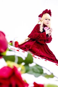 Rating: Safe Score: 0 Tags: 1girl blonde_hair blue_eyes blurry blurry_foreground bonnet depth_of_field dress flower long_sleeves motion_blur red_dress red_flower red_rose rose shinku solo User: admin