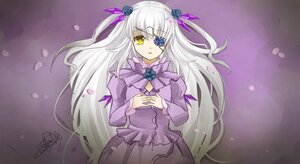 Rating: Safe Score: 0 Tags: 1girl barasuishou bow dress eyepatch flower hair_flower hair_ornament image long_hair long_sleeves looking_at_viewer purple_dress purple_flower purple_rose rose signature silver_hair solo very_long_hair white_hair yellow_eyes User: admin