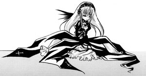 Rating: Safe Score: 0 Tags: 1girl black_wings dress frills full_body greyscale hairband image long_hair long_sleeves looking_at_viewer monochrome simple_background sitting solo suigintou very_long_hair wings User: admin