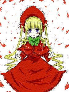 Rating: Safe Score: 0 Tags: 1girl blonde_hair blue_eyes blush bonnet bow bowtie dress drill_hair green_bow green_neckwear image long_hair long_sleeves looking_at_viewer petals red_dress shinku solo twintails User: admin