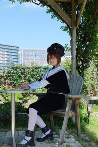 Rating: Safe Score: 0 Tags: 1girl brown_eyes brown_hair day hat looking_at_viewer looking_back outdoors shoes short_hair sitting sky solo souseiseki tree User: admin