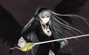 Rating: Safe Score: 0 Tags: 1girl black_dress black_ribbon black_wings breasts detached_collar dress flower frills hairband holding holding_weapon image long_hair long_sleeves looking_at_viewer ribbon rose silver_hair solo suigintou sword very_long_hair weapon wings User: admin