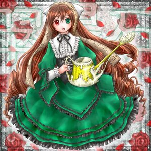 Rating: Safe Score: 0 Tags: 1girl brown_hair dress drill_hair flower frills green_dress green_eyes head_scarf heterochromia image long_hair long_sleeves looking_at_viewer open_mouth petals red_eyes rose smile solo suiseiseki twin_drills twintails very_long_hair watering_can User: admin