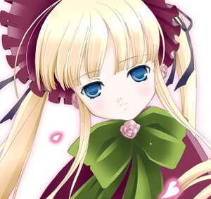 Rating: Safe Score: 0 Tags: 1girl bangs blonde_hair blue_eyes blush bow dress green_bow image long_hair long_sleeves looking_at_viewer rose shinku sidelocks simple_background solo twintails white_background User: admin