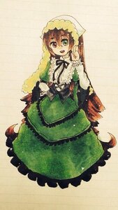 Rating: Safe Score: 0 Tags: 1girl brown_hair dress frills green_dress green_eyes heterochromia image long_hair long_sleeves looking_at_viewer open_mouth ribbon solo suiseiseki very_long_hair User: admin