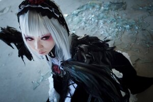 Rating: Safe Score: 0 Tags: 1girl bangs black_dress blurry blurry_background closed_mouth depth_of_field dress feathers flower gothic_lolita hairband lips lolita_fashion red_eyes solo suigintou User: admin