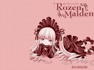 Rating: Safe Score: 0 Tags: 1girl bonnet bow bowtie dress frills image long_hair long_sleeves looking_at_viewer lying monochrome on_stomach pink_background shinku solo User: admin