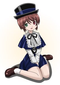 Rating: Safe Score: 0 Tags: 1girl :d auto_tagged blue_dress brown_hair capelet dress full_body green_eyes hat heterochromia image long_sleeves looking_at_viewer open_mouth red_eyes ribbon shoes short_hair sitting smile socks solo souseiseki top_hat wariza white_legwear User: admin