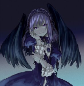 Rating: Safe Score: 0 Tags: 1girl black_wings detached_collar dress frilled_sleeves frills hairband image long_hair long_sleeves looking_at_viewer ribbon solo suigintou wings User: admin