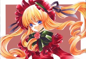 Rating: Safe Score: 0 Tags: 1girl blonde_hair blue_eyes bonnet bow bowtie dress drill_hair flower image long_hair long_sleeves looking_at_viewer marker_(medium) rose shinku simple_background smile solo twin_drills twintails upper_body User: admin