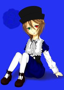 Rating: Safe Score: 0 Tags: 1girl blue_background blush frills full_body green_eyes hat heterochromia image long_sleeves looking_at_viewer pantyhose red_eyes shoes short_hair simple_background sitting solo souseiseki striped white_legwear User: admin