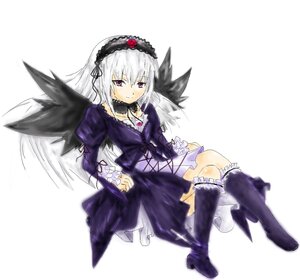 Rating: Safe Score: 0 Tags: 1girl black_dress black_wings boots dress frills full_body hairband image knee_boots long_hair long_sleeves looking_at_viewer pink_eyes silver_hair sitting solo suigintou white_background wings User: admin