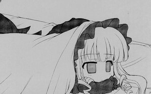 Rating: Safe Score: 0 Tags: 1girl bangs dress eyebrows_visible_through_hair greyscale image long_hair long_sleeves looking_at_viewer lying monochrome on_stomach pillow shinku solo under_covers User: admin